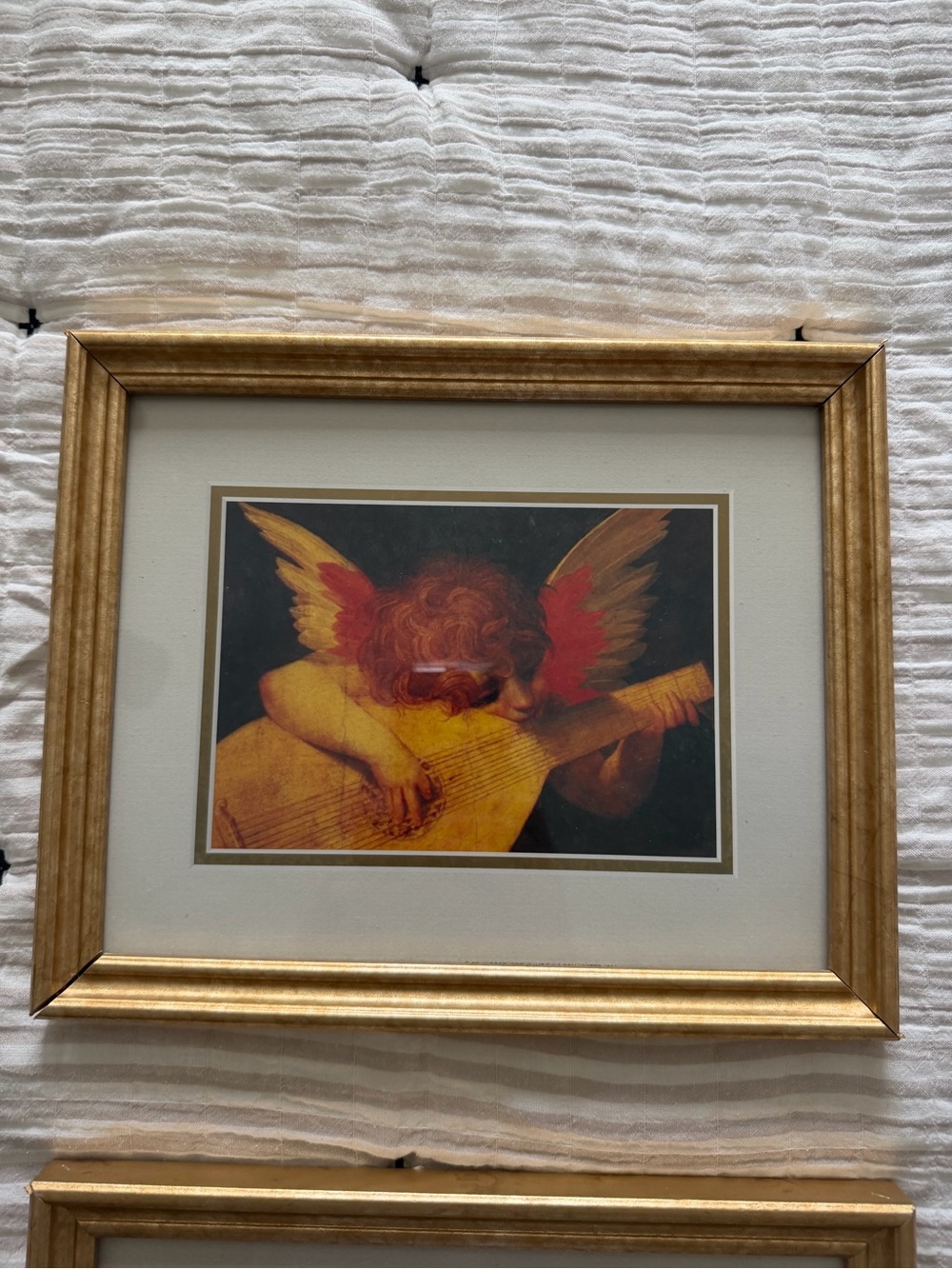 Gold Framed Angel Lute Art Print – Cream Mat